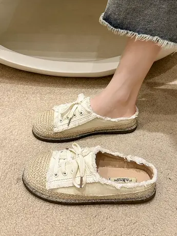 一脚蹬平底渔夫鞋女2023夏季新款韩版包头半拖鞋女懒人休闲帆布鞋商品大图