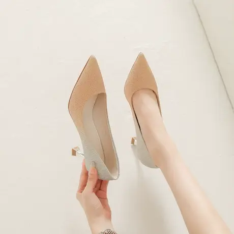 婚鞋女2023年春季新款性感渐变浅口法式单鞋尖头气质高跟鞋女细跟图片