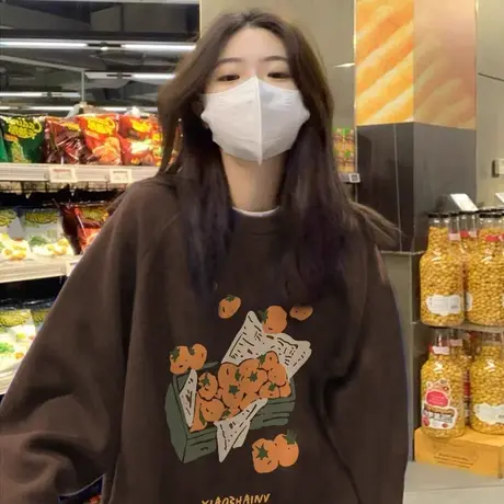 美式复古无帽卫衣女春秋新款胖mm大码oversize圆领上衣服2-300斤商品大图