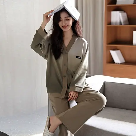 婷美睡衣女士春秋季纯棉长袖条纹简约休闲秋冬款可外穿家居服套装商品大图