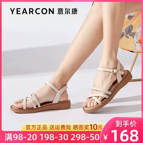 意尔康女鞋2023年新款夏季一字带平底中跟凉鞋女舒适软底百搭仙女商品大图
