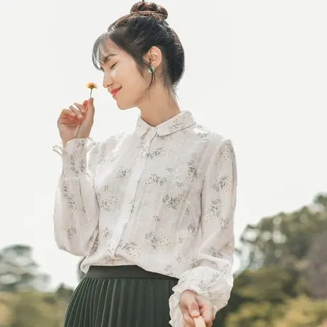 茵曼设计感早秋季新款上衣女纯棉长袖衬衣法式轻熟碎花衬衫商品大图