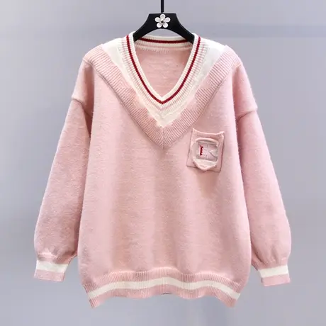日系甜美学院风V领假两件毛衣女秋冬2023年新款宽松设计感针织衫商品大图