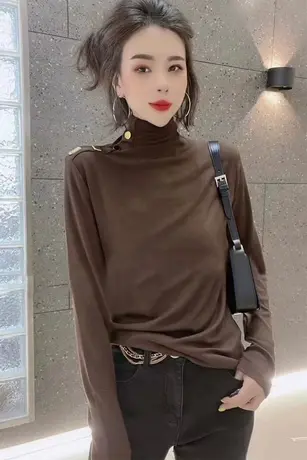 肩部纽扣T恤女设计感2023秋冬弹力软糯修身显瘦长袖高领打底衫潮商品大图