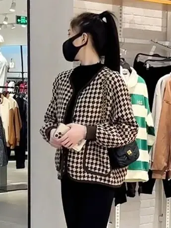 时尚小香风圆领千鸟格短外套2023秋冬新款高级感洋气百搭长袖上衣商品大图