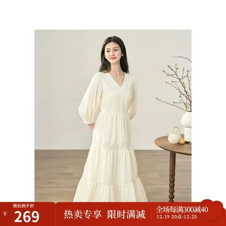 【商场同款】茵曼棉麻连衣裙2023秋季女装新款V领蕾丝提花裙子图片