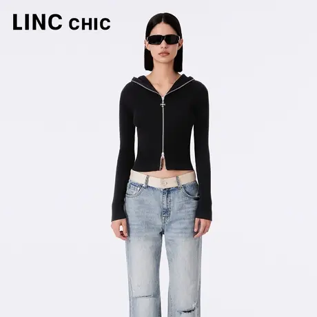 LINCCHIC金羽杰针织开衫女2023年秋新款修身动感翻领连帽中长外套商品大图