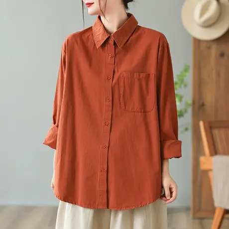 dza 复古纯棉白色长袖衬衫女士春秋新款宽松上衣休闲百搭翻领衬衣图片