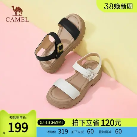 骆驼女鞋2024春夏新款平底一字带真皮凉鞋女休闲低跟魔术贴凉鞋女图片