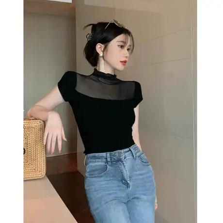 纯欲风黑色短袖T恤女装夏季辣妹网纱拼接修身内搭短款上衣打底衫商品大图