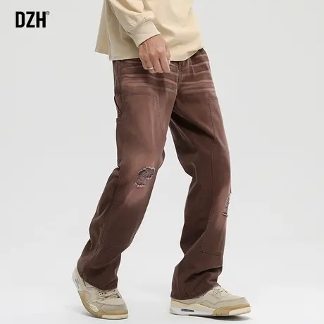 男士咖啡色破洞牛仔裤男直筒宽松高街复古裤子2023年新款秋季长裤图片