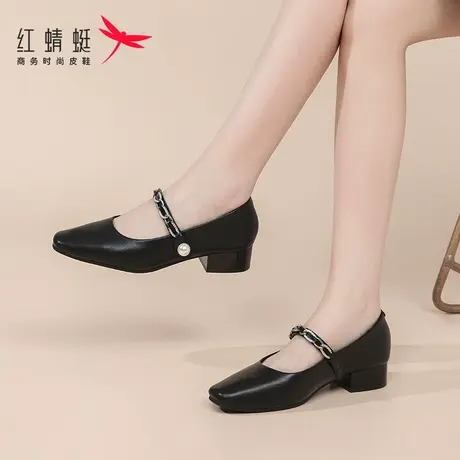 红蜻蜓女鞋高跟粗跟厚底玛丽珍单鞋2024秋季新款鞋子真皮小皮鞋女图片