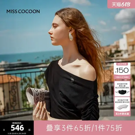 MISS COCOON可可尼法式设计感斜肩上衣2025夏季新款白色短袖女图片