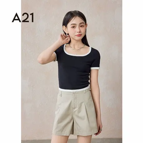 A21女装显瘦圆领套头短袖线衫夏季美式撞色休闲时尚简约短款T恤商品大图