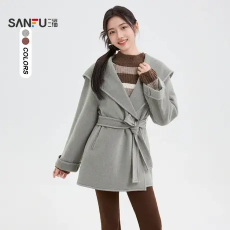 三福厚外套女2025春季小众设计感大翻领连帽宽松时尚韩系上衣女装图片