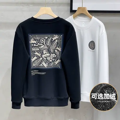 新款日系重磅卫衣男秋冬潮牌时尚印花圆领长袖上衣加绒加厚外套男商品大图