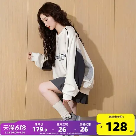 唐狮2025新款春季加绒女卫衣美式复古拼接学生圆领宽松上衣运动风商品大图