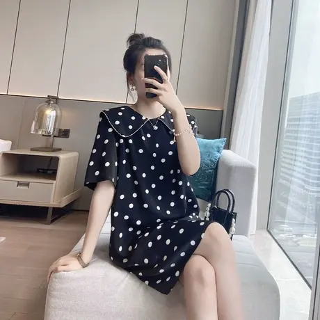 波点连衣裙娃娃领大码女装胖mm宽松显瘦2021新款炸街遮肚夏季微胖图片