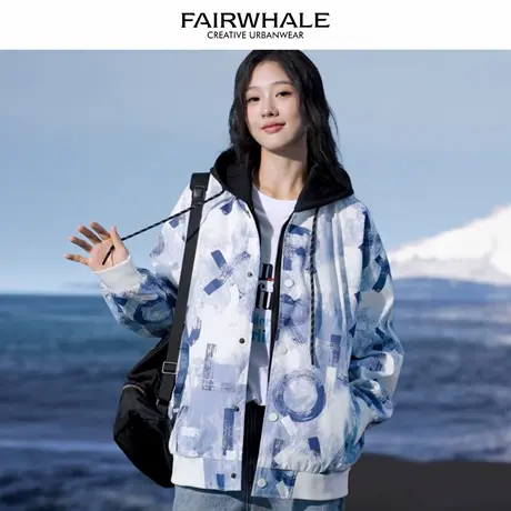 马克华菲美式复古假两件连帽外套女2025新款春秋宽松休闲百搭夹克图片