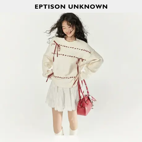 EPTISON毛衣女2025年秋季新款宽松学院风设计感圆领针织白色上衣商品大图