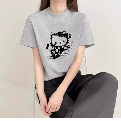 2025早秋新款纯棉灰色半高领短袖t恤女宽松设计感打底衫小众上衣图片
