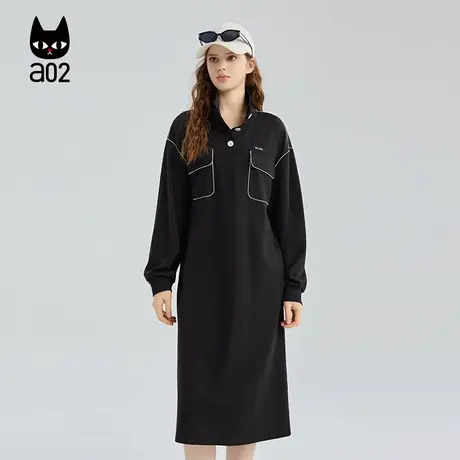 a02宽松立领连衣裙女2025新款秋季设计感黑色裙子秋装长裙图片