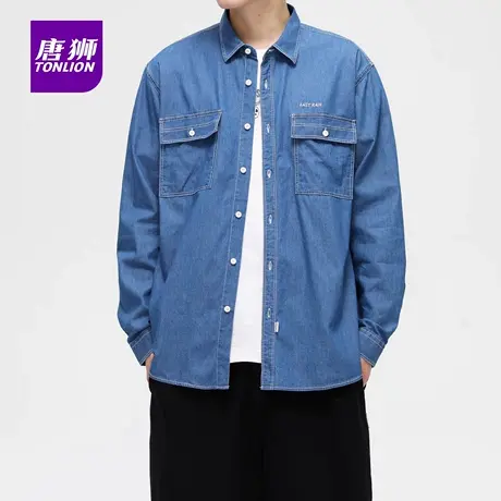 唐狮纯棉长袖衬衫秋季薄款男士户外多口袋工装牛仔外套上衣服潮AP图片