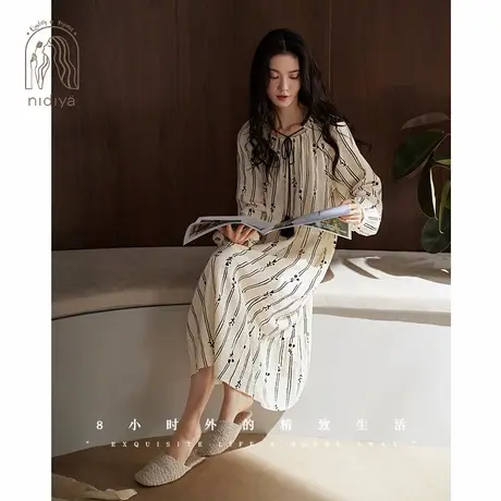 妮狄娅睡衣睡裙女秋季纯棉长袖法式复古中长裙春秋款可外穿家居服商品大图