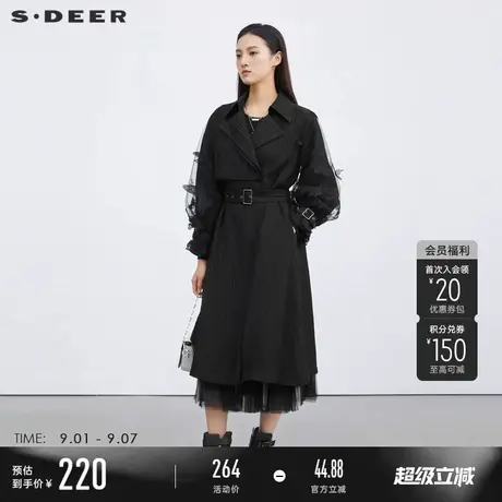 sdeer圣迪奥风衣女收腰绣花网纱褶皱中长款外套S223Z1822商品大图