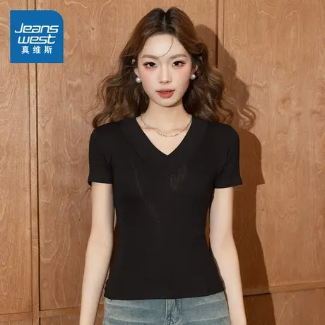 LW真维斯女装时尚V领休闲短袖T恤 2025夏季新品设计感女款上衣潮商品大图