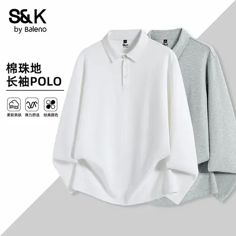 班尼路S&K白色简约POLO衫男款秋季宽松休闲上衣肌理感翻领长袖男图片