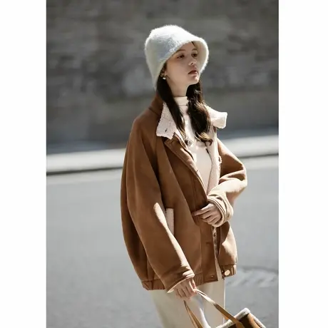 唐狮秋冬季短款外套女立领仿麂皮复合仿羊羔绒外套机车风潮TMTA图片