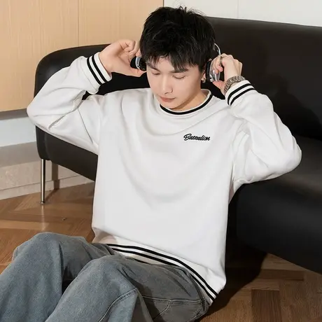 唐狮春秋季新款圆领卫衣男美式复古学院风撞色上衣宽松休闲潮流TE图片