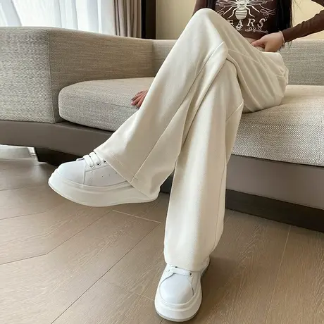 米白色阔腿裤女秋冬新款小个子高腰垂感雪尼尔窄版直筒休闲拖地裤商品大图