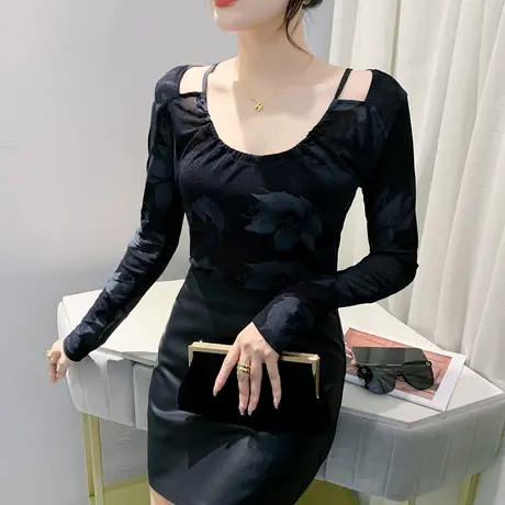 黑色网纱拼接镂空露肩上衣性感褶皱V领T恤女长袖时尚减龄修身小衫商品大图
