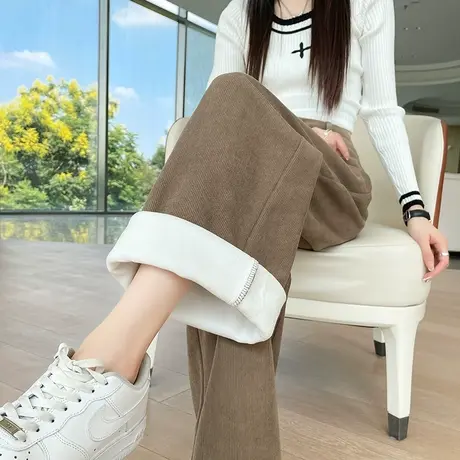 卡其色窄版雪尼尔阔腿裤女秋冬2023年新款高腰加绒加厚休闲直筒裤图片