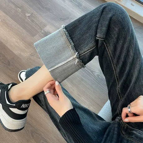 直筒牛仔裤女九分2023年春秋新款高腰宽松显瘦百搭卷边烟管裤子潮图片