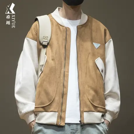 希越麂皮绒夹克外套男秋冬潮牌撞色拼接棒球服宽松大码飞行员上衣商品大图