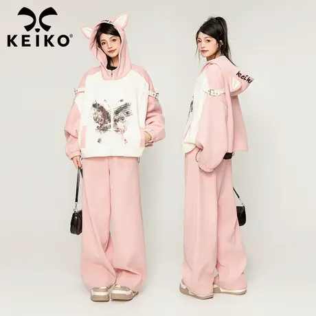 KEIKO [加密绒] 抽象蝴蝶花拼色连帽外套2023秋冬少女感慵懒卫衣商品大图