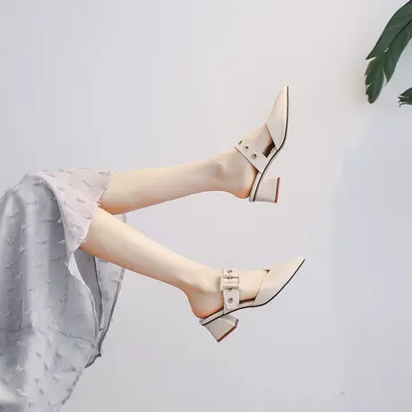 凉鞋女2023年新款夏季半包头中跟尖头单鞋仙女风半拖凉拖粗跟拖鞋商品大图