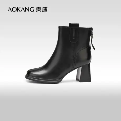 【门店发货】奥康女鞋 2023冬季新款黑色及踝靴粗高跟瘦瘦短靴商品大图
