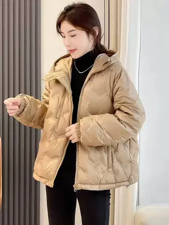 短款休闲白鸭绒羽绒服女2023年秋冬新款小个子连帽双拉链外套上衣图片