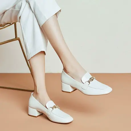 时尚英伦风真皮中跟方头小皮鞋早春轻便舒适气质单鞋软皮软底防滑商品大图