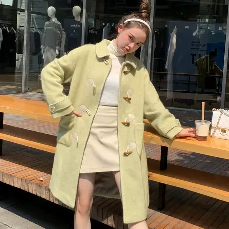 唐狮冬装仿毛呢外套女牛角扣大衣中长款外套潮原宿风图片