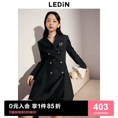 [预]乐町学院风西装裙2023秋冬新品学院徽章百褶裙复古黑色长袖裙商品大图