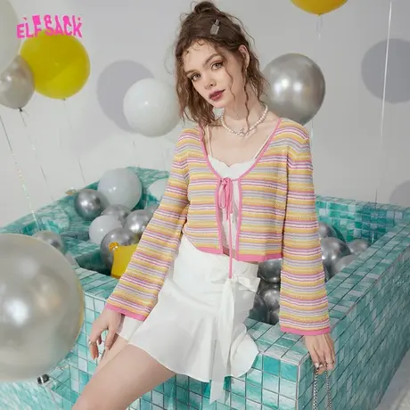 妖精的口袋条纹针织开衫女2023夏季新款多巴胺防晒空调衫辣妹上衣商品大图