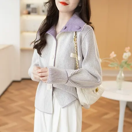 23081新款韩版宽松女士开衫毛衣外套上衣长袖条纹针织衫百搭女商品大图