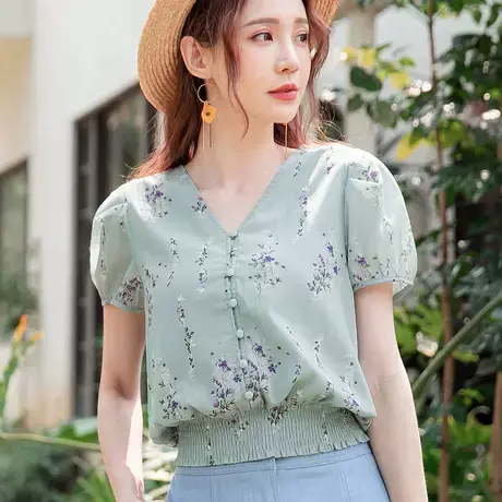 桔熊夏季韩版甜美V领碎花小衫泡泡袖收腰短款上衣森女大码AB15002商品大图