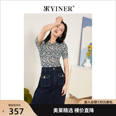YINER音儿女装2022夏季新款优雅碎花圆领针织衫套头商品大图