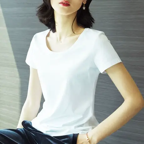 【两件减15】短袖t恤女夏装 纯白色圆领百搭打底衫半袖棉上衣体恤商品大图